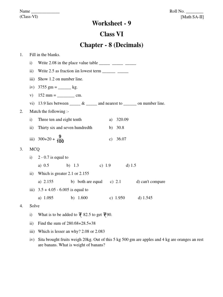 CBSE Class 6 Decimals Worksheet PDF
