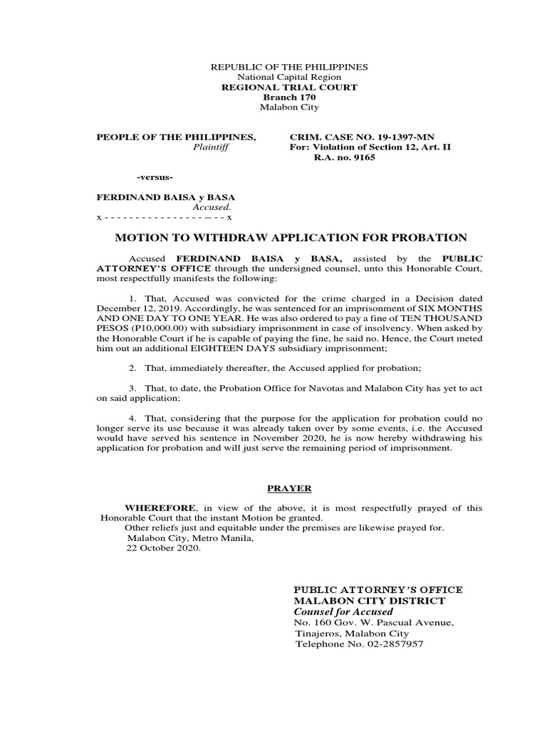 Motion To Withdraw Application For ProbationCriminal Case PDF