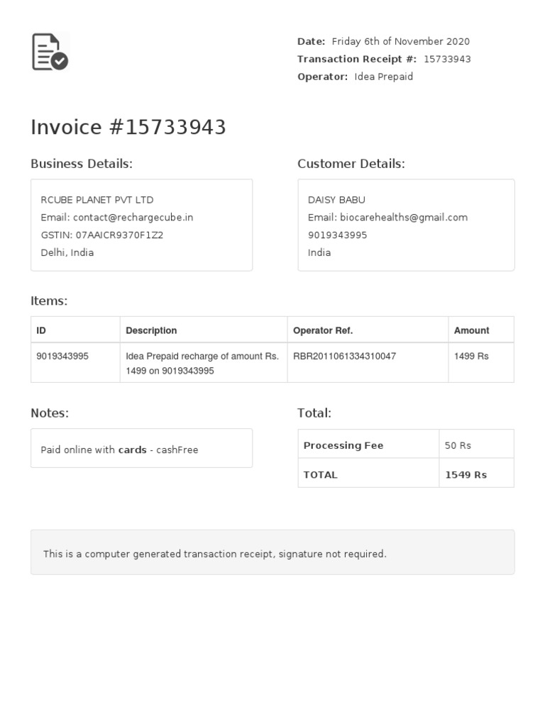 Idea Prepaid Recharge Invoice #15733943 | PDF