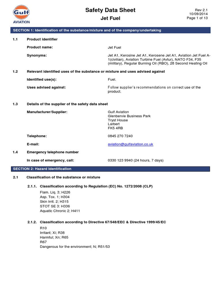 JetA1 MSDS Gulf Aviation 2014 PDF Dangerous Goods Toxicity