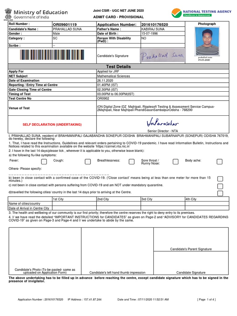 CSIR UGC NET June 2020 Admit Card | PDF | Identity Document | Wellness