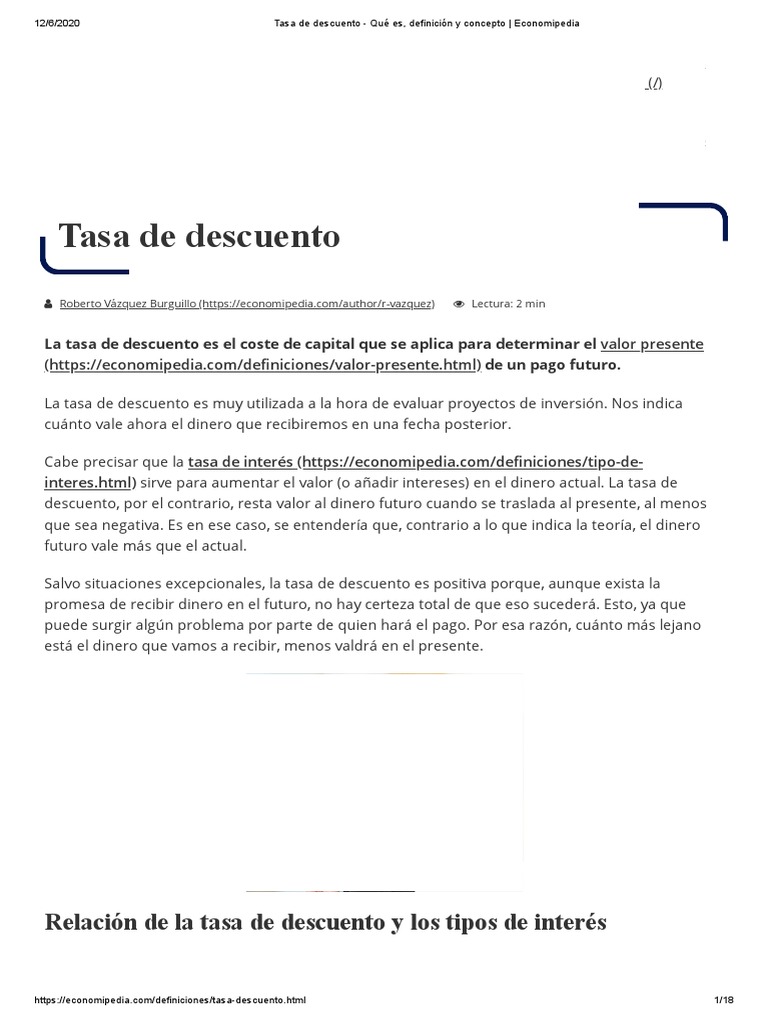 Tasa de Descuento - Qué Es, Definición y Concepto - Economipedia | PDF ...