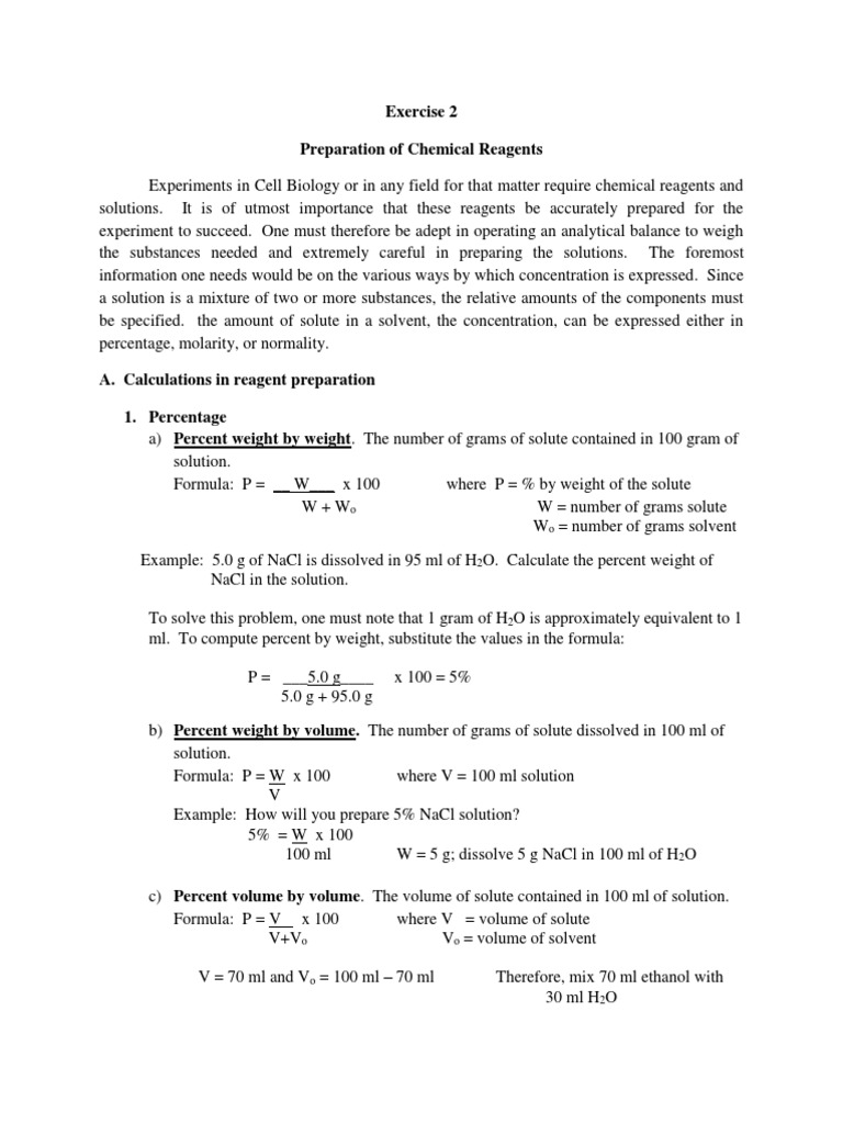 Preparing Chemical Reagents: A Guide to Calculating Concentrations Through  Percentages, Molarity, Normality and Dilution, PDF, Buffer Solution