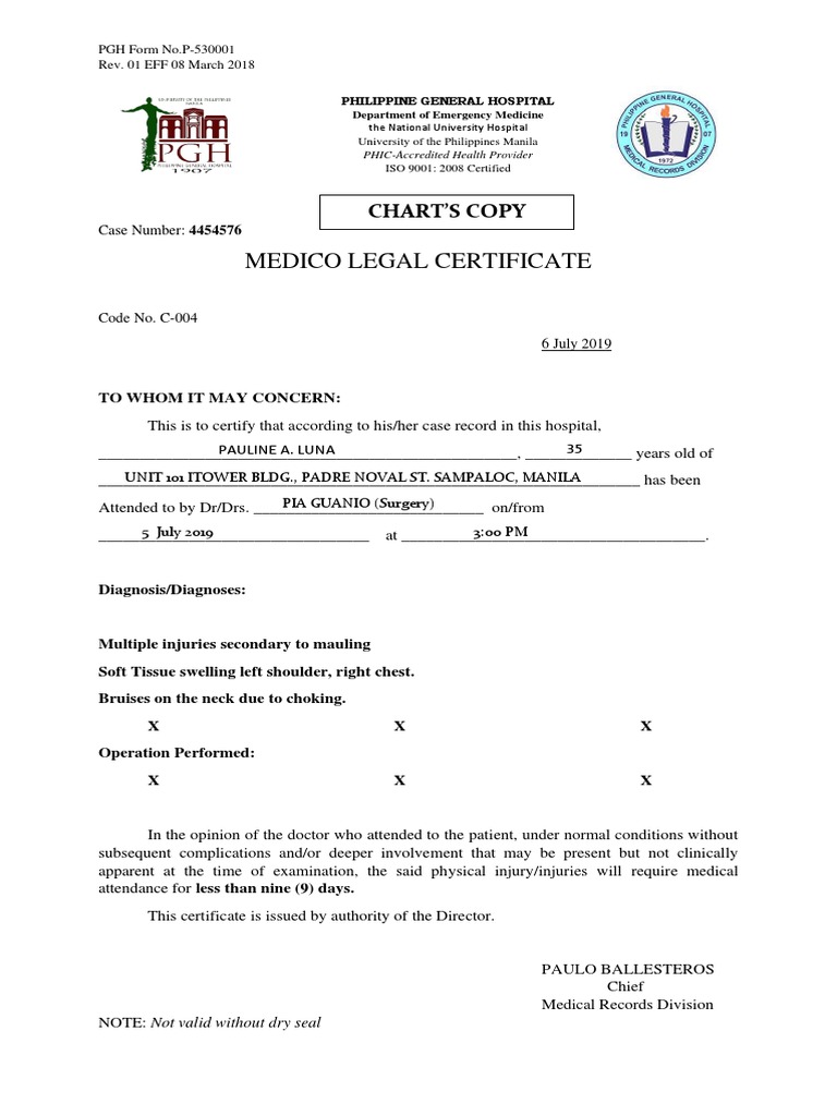 Medico Legal Certificate: Chart'S | PDF