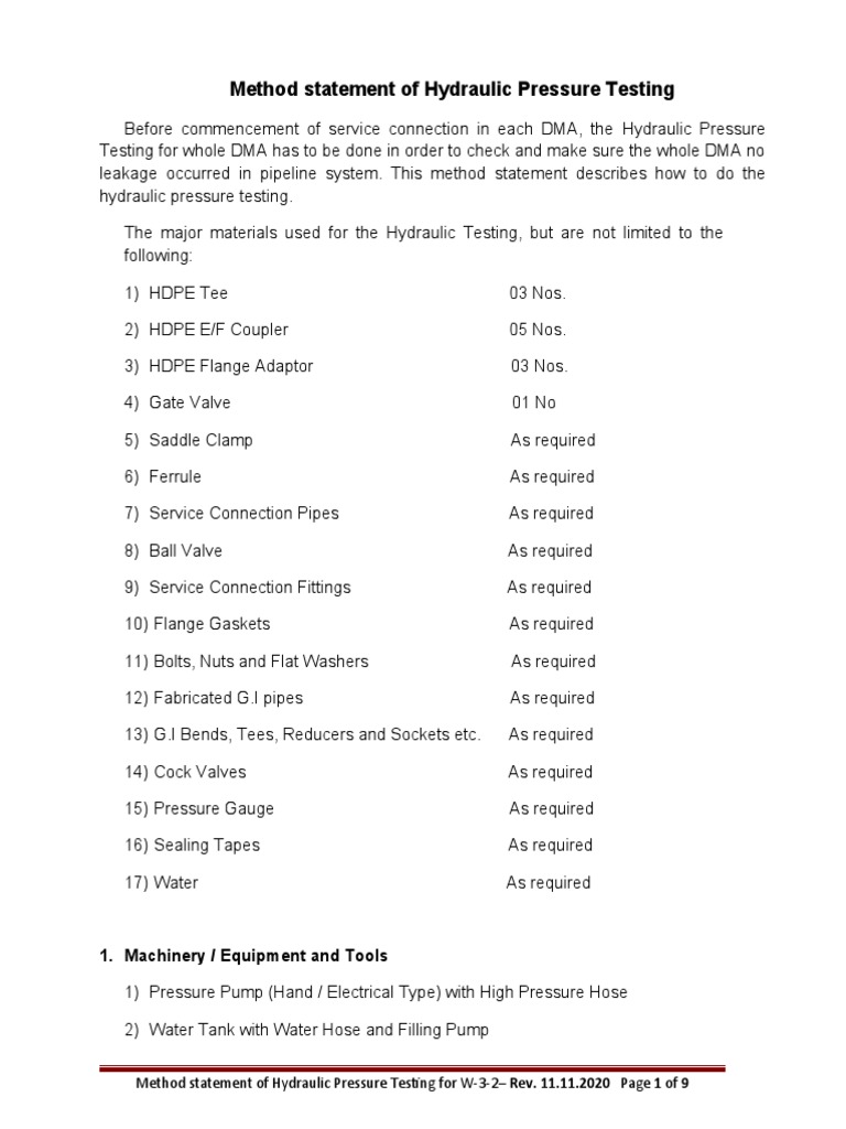 Method Statement of Hydraulic Pressure Testing 1. Machinery / Equipment and Tools PDF Pipe