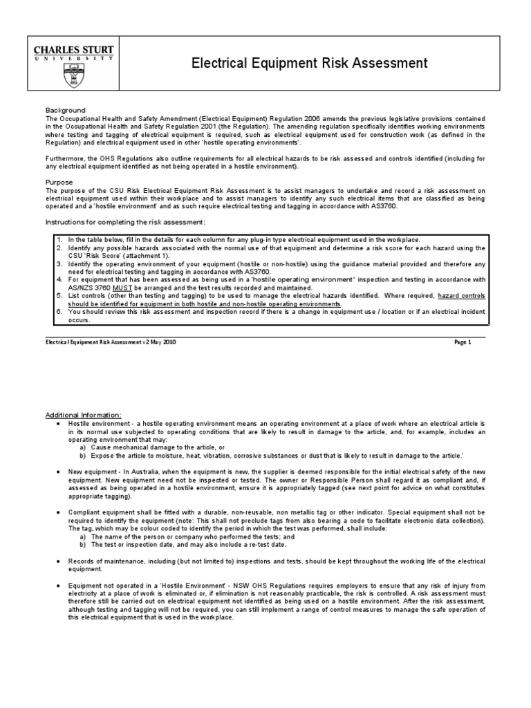 Electrical Equipment Risk Assessment Guide | PDF | Occupational Safety ...