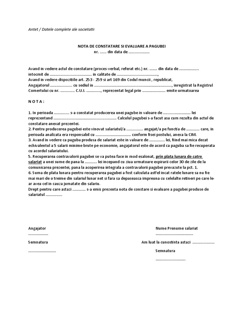 Nota de Constatare Si Evaluare Prejudiciu Cauzat de Salariat | PDF
