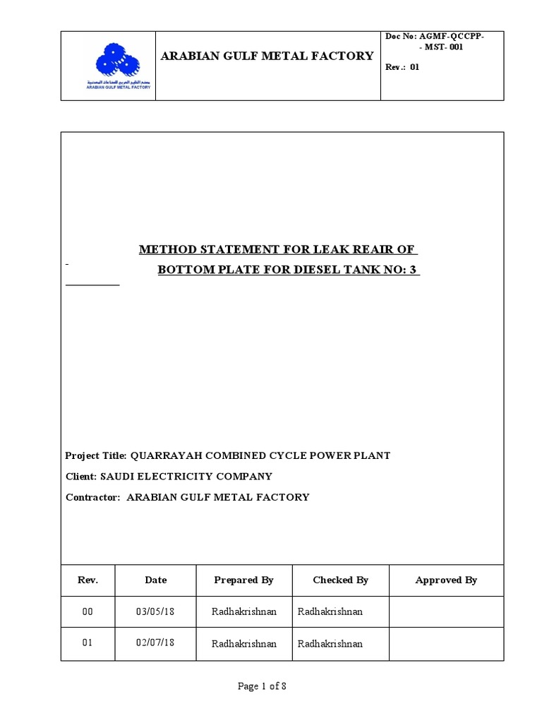 Bottom Plate Repair Method Statement PDF Welding Construction