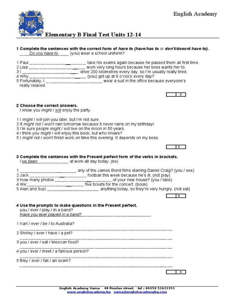 Elementary B Final Test Reviewing Units 12-14 on a Variety of Grammar ...