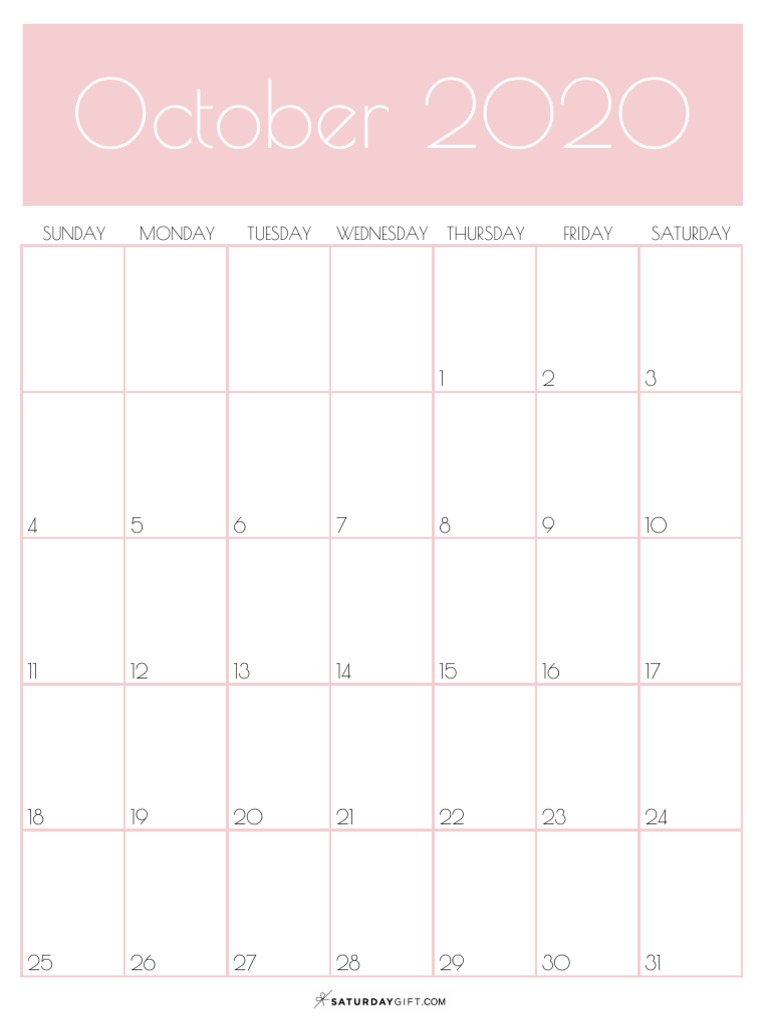 10 Oct Printable Monthly Calendar October 2020 Cute Free Printable PDF ...
