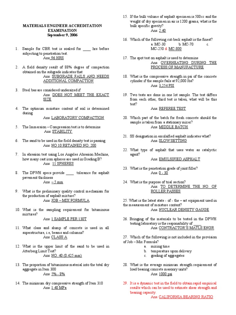 Materials Engineer Exam Sample Questions | PDF | Road Surface | Concrete