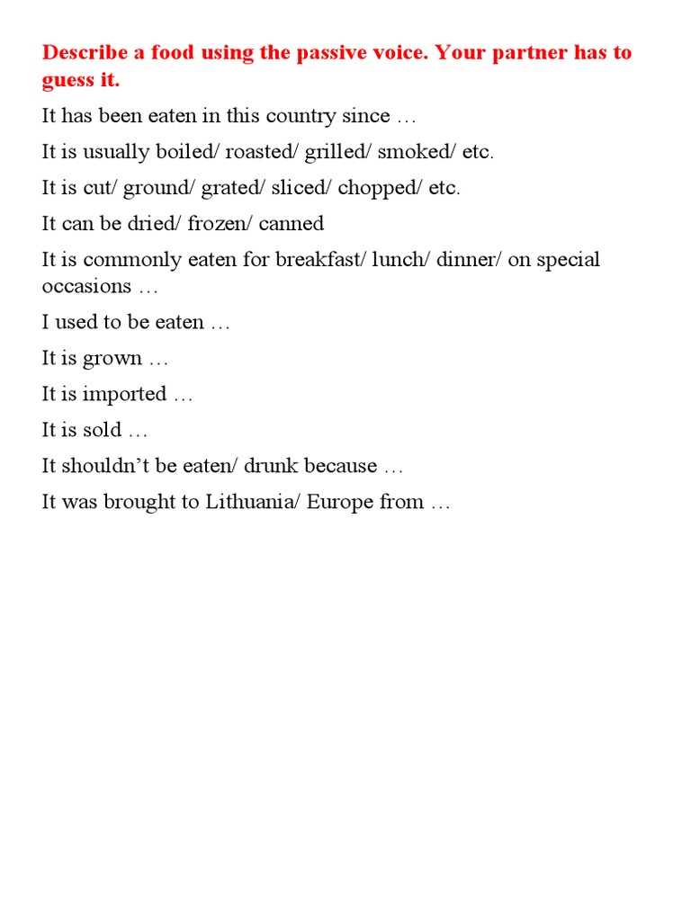 Passive Voice Food Description Game PDF Cooking, Food & Wine