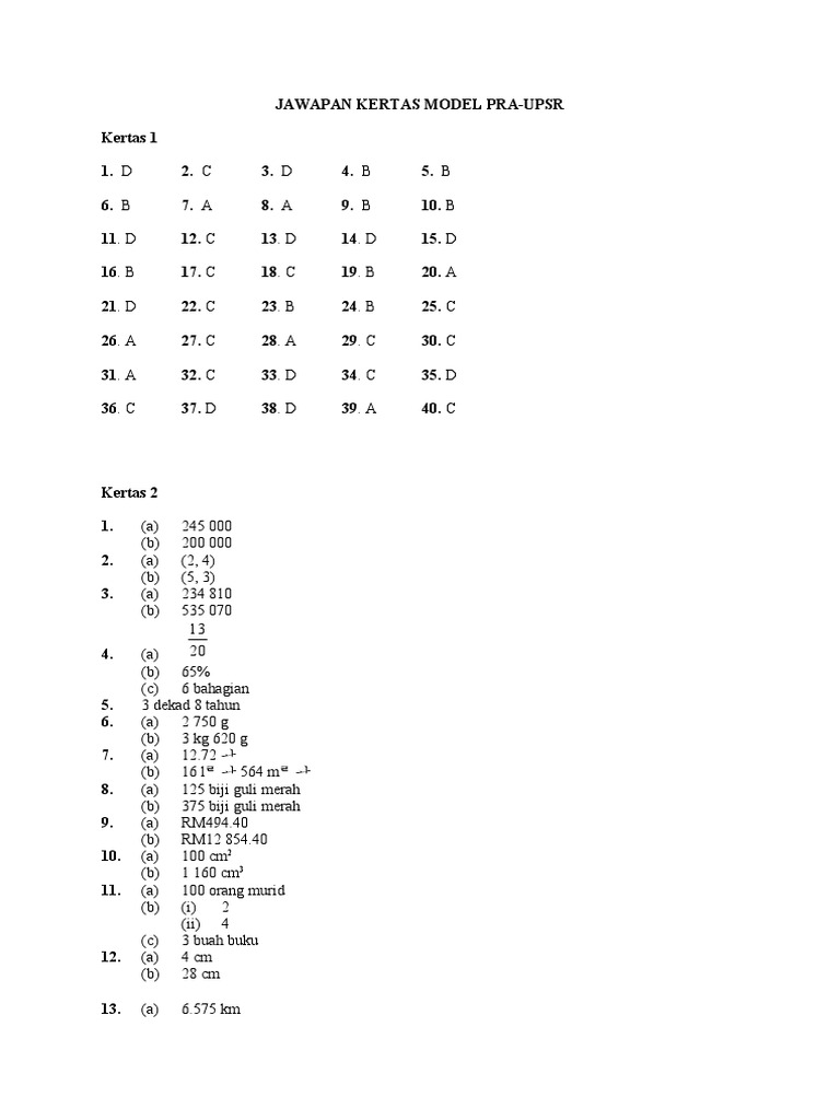 05 Mat Jawapan Kertas Model Pra Upsr Formula A Matematik Tahun 5 Pdf