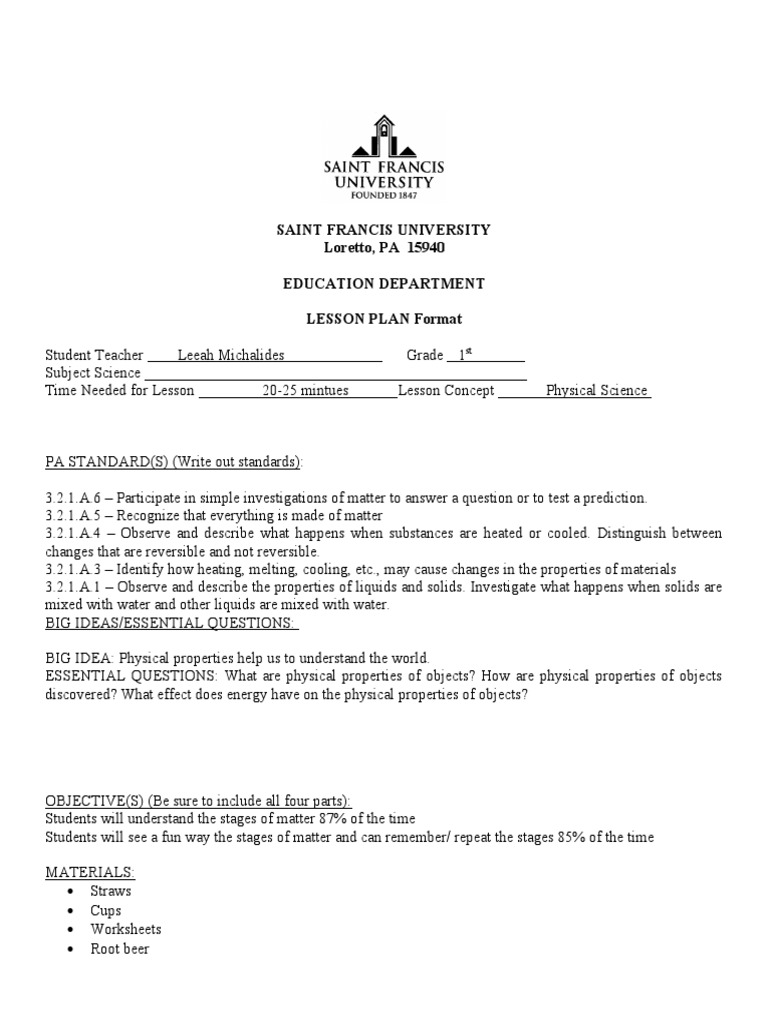 First Grade Science Lesson Plan: Matter | PDF | Matter | Ice