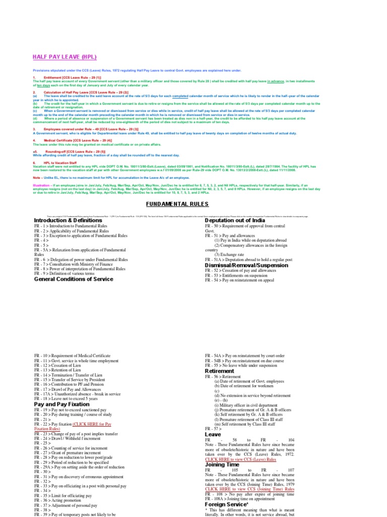 Half Pay Leave (HPL) Fundamental Rules Introduction & Definitions