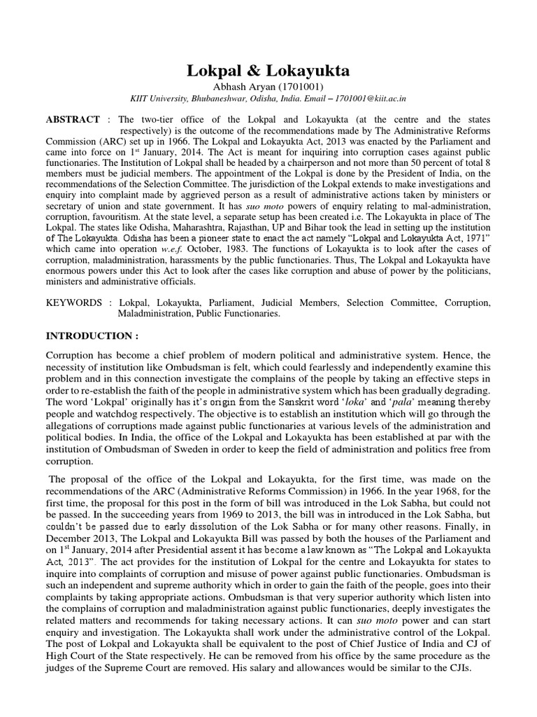 Lokpal and Lokayukta by Abhash Aryan (1701001) PDF Judge Politics
