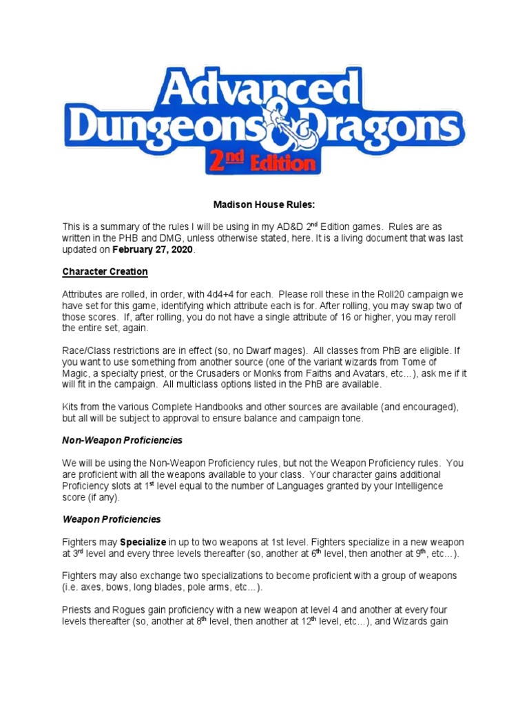 AD&amp;D 2e House Rules Madison Draft Four PDF | PDF | Role Playing 