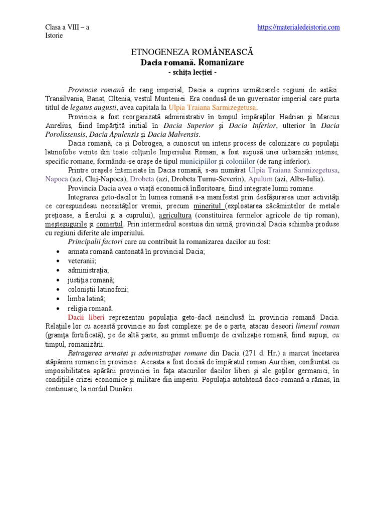 Romanitatea Romanilor In Viziunea Istoricilor Schita Lectiei Dacia Romana. Romanizare Schita Lectiei | PDF
