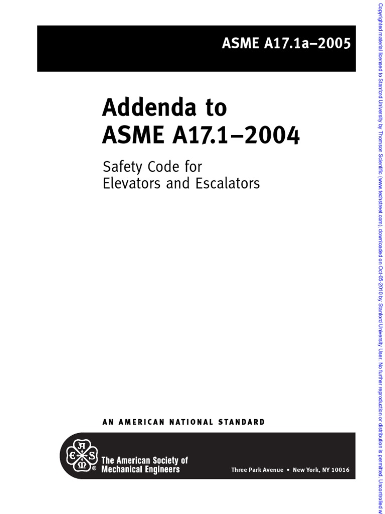 Addenda to asme a17 1 2004 safety code for elevators and escalators