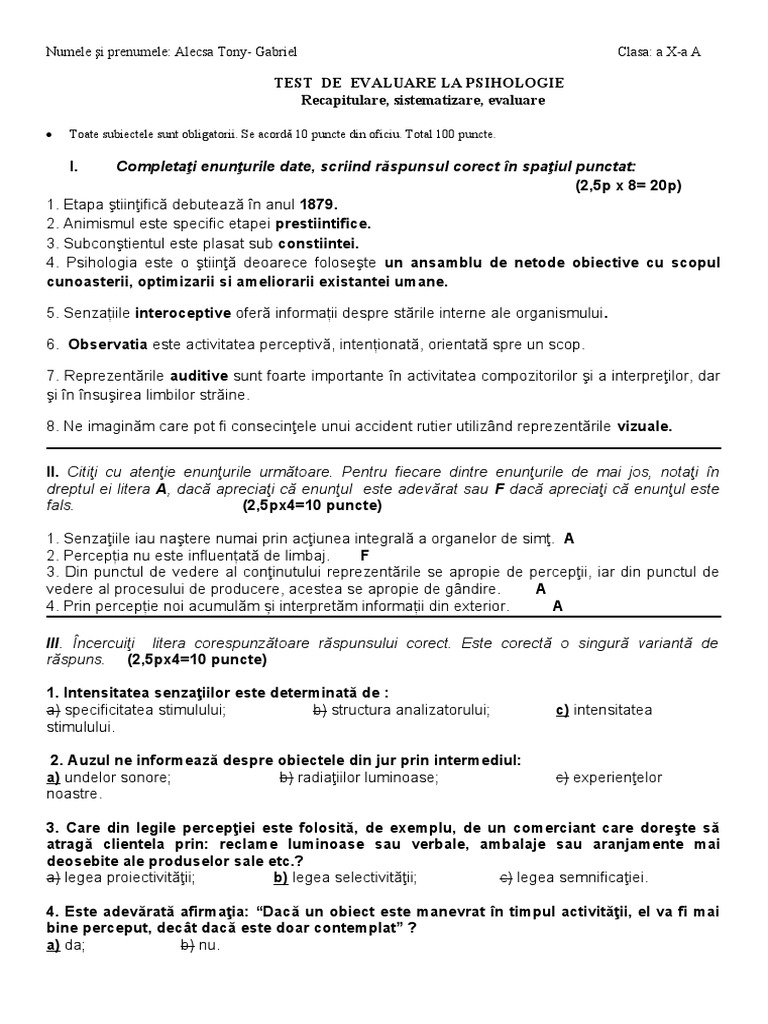 Test de Evaluare La Psihologie - Rezolvat | PDF