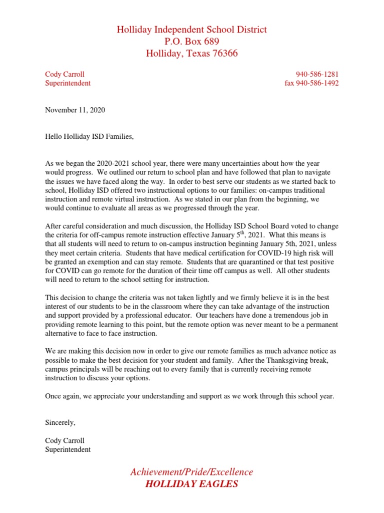 Holliday Independent School District P.O. Box 689 Holliday, Texas 76366