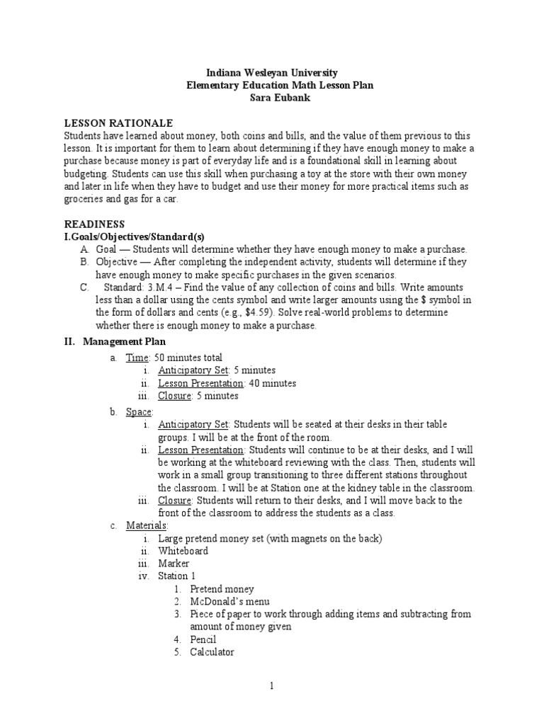 Money Management Math Lesson Plan | PDF | Learning | Behavior Modification