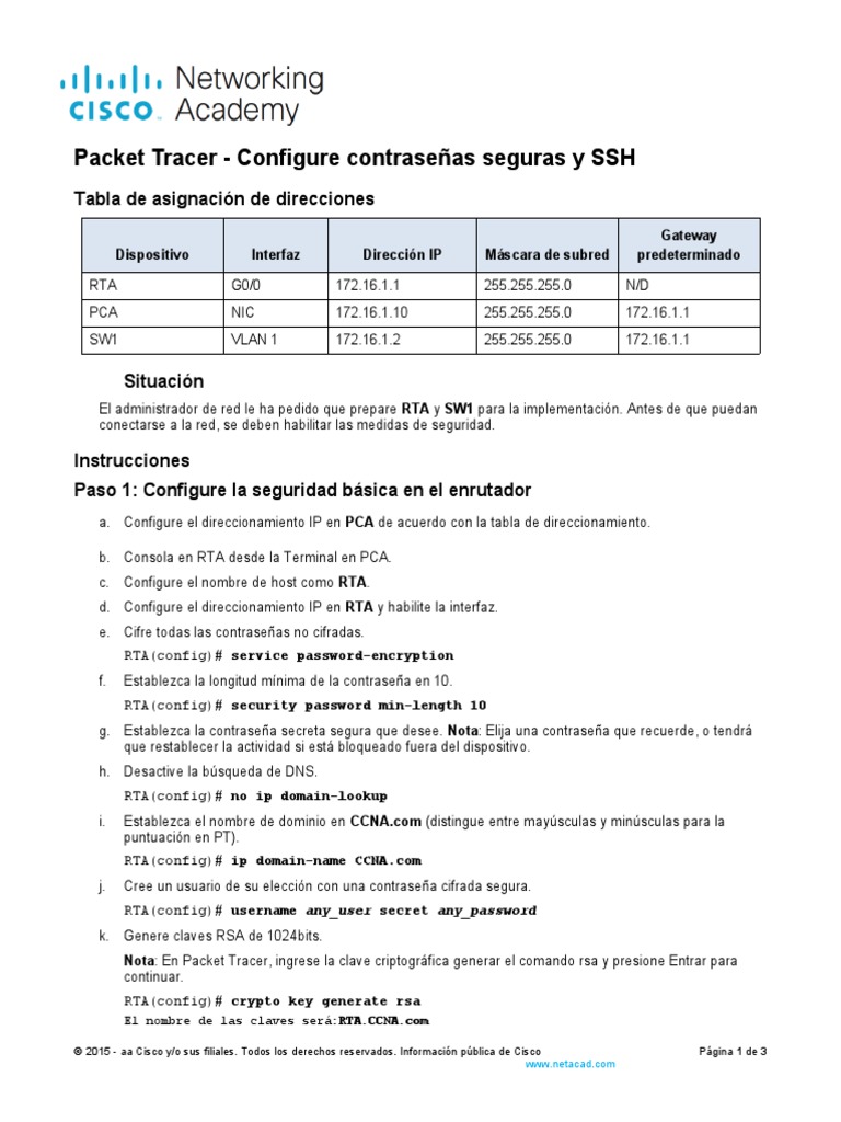 Packet Tracer 16.4.6 Configure Secure Passwords And Ssh