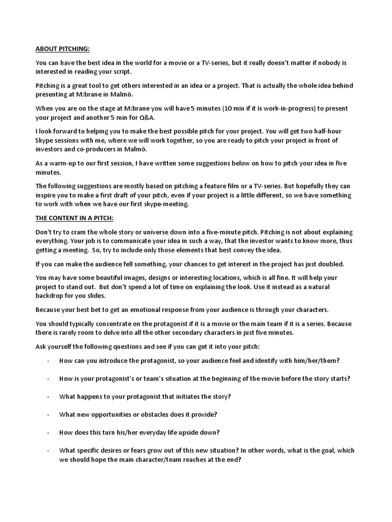 Pitching Tips for Film & TV Projects | PDF | Self-Improvement