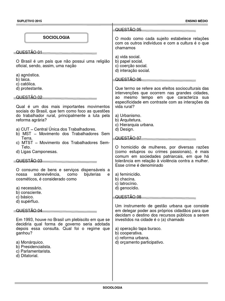 Questões sobre Sociologia, Família, Trabalho e Meio Ambiente em ...
