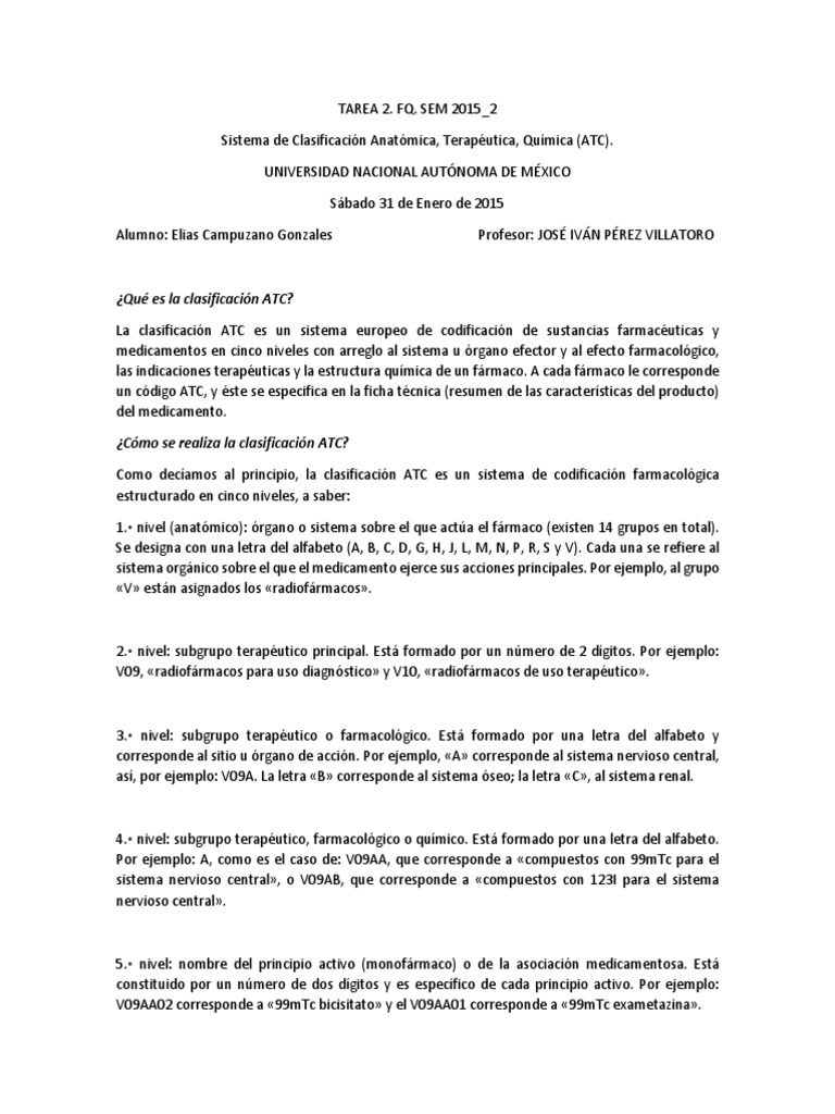 Tarea 2 Sistema de Clasificación Anatómica, Terapéutica, Química (ATC