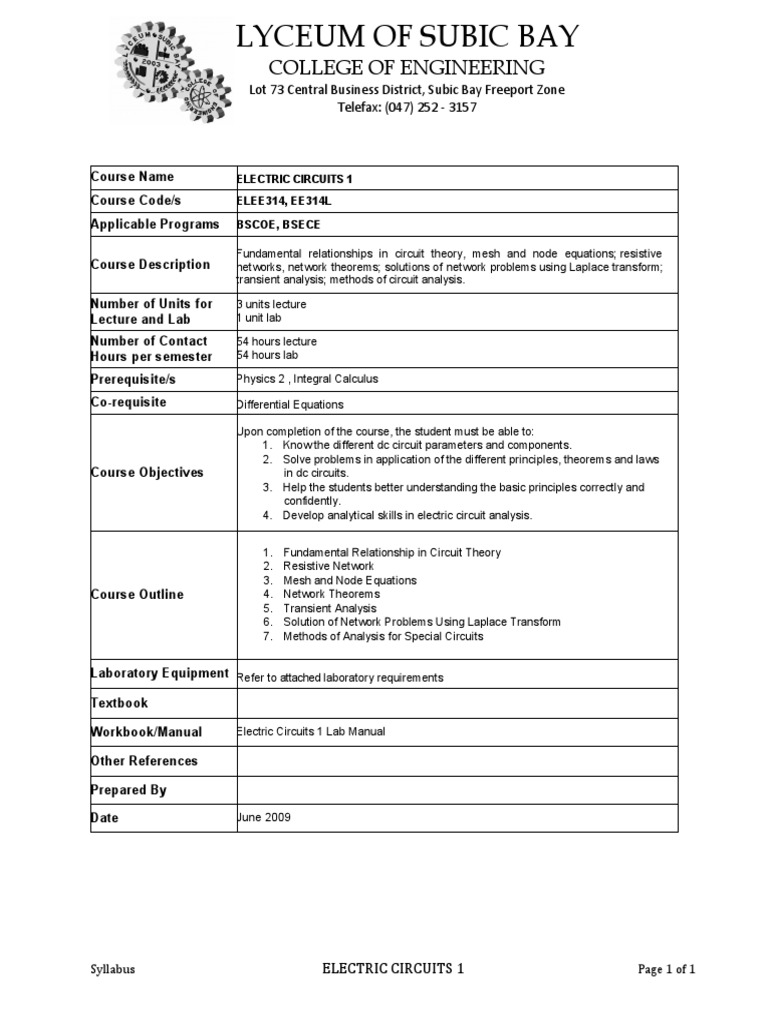 Electric Circuits 1 Syllabus | PDF
