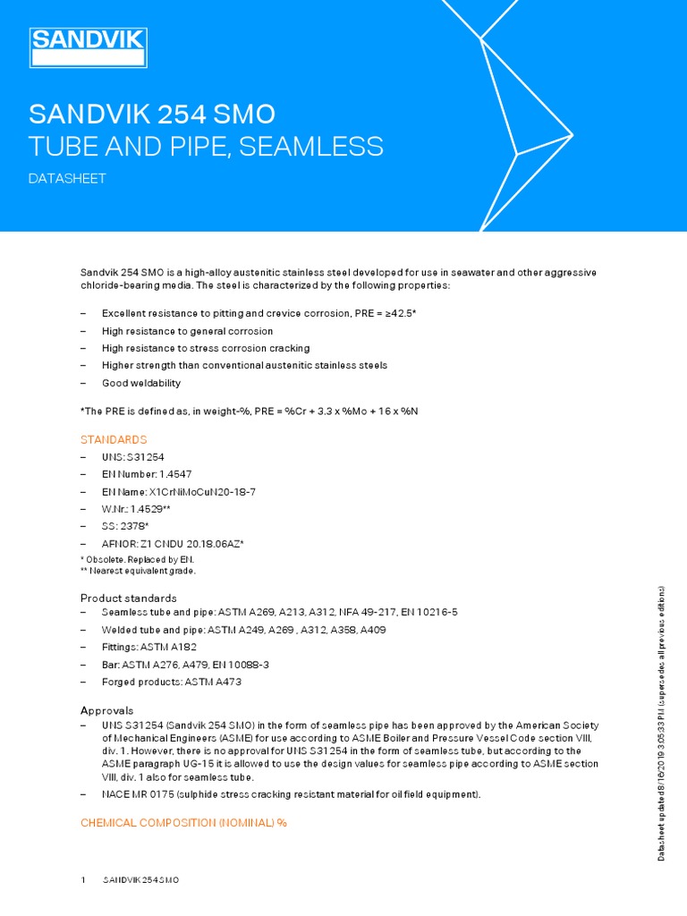 Sandvik 254 Smo Tube and Pipe, Seamless: Datasheet | PDF | Corrosion ...
