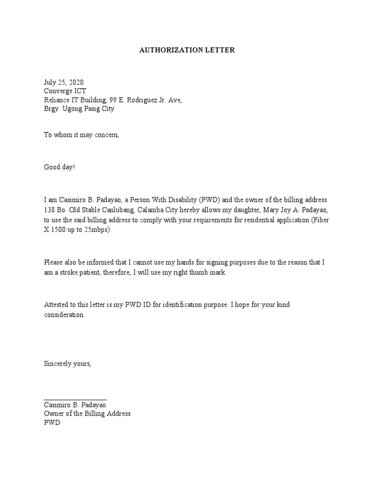Authorization for PWD Billing Use | PDF