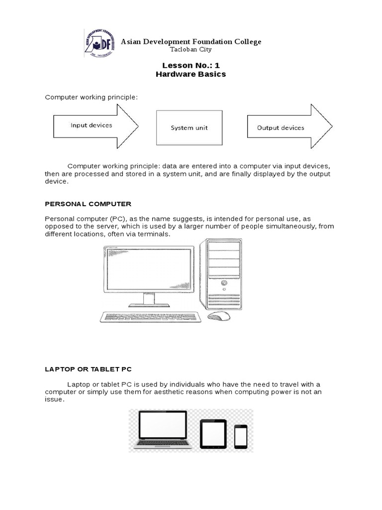 Asian Development Foundation College: Lesson No.: 1 Hardware Basics ...