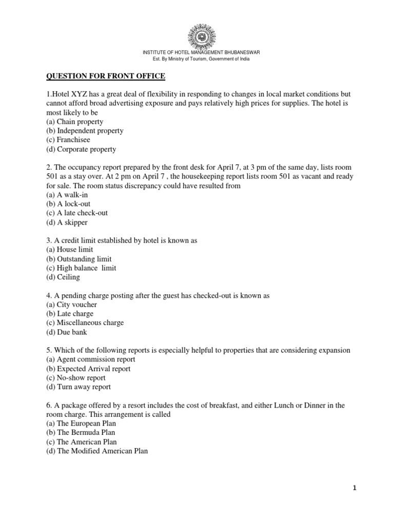 Front Office Exam Questions and Answers | PDF | Service Industries ...