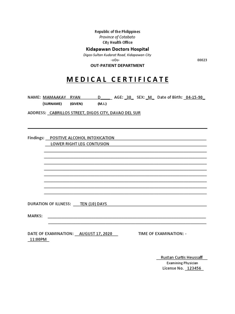Medical Certificate for Ryan Mamaakay | PDF