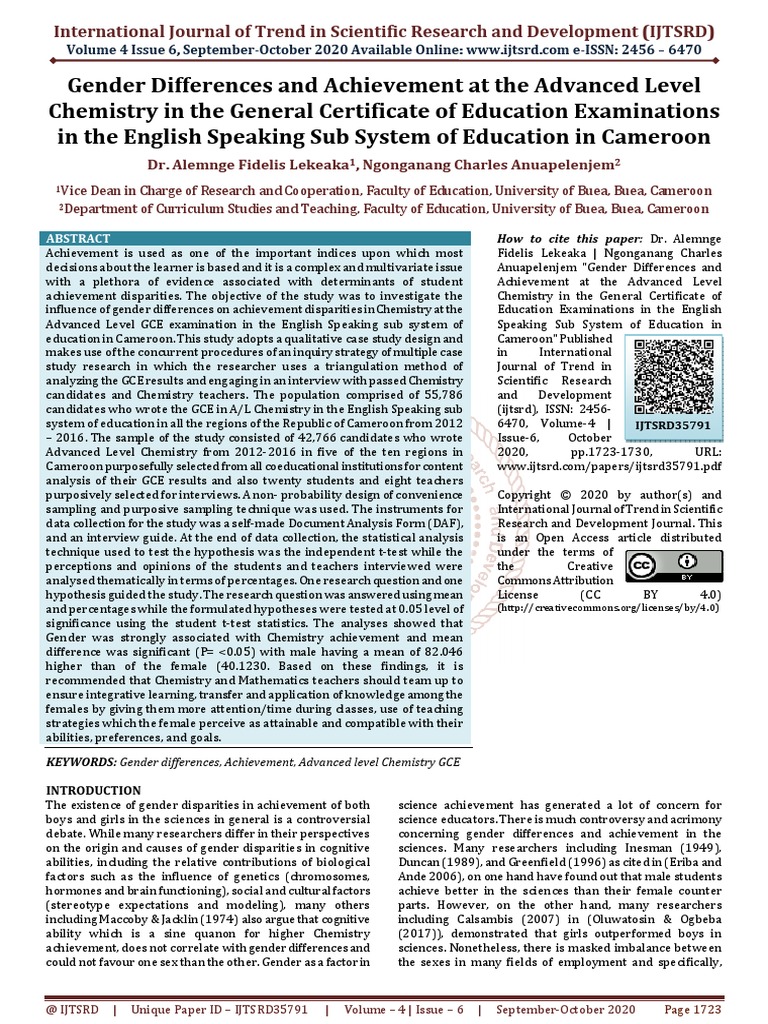 Gender Differences and Achievement at The Advanced Level Chemistry in ...
