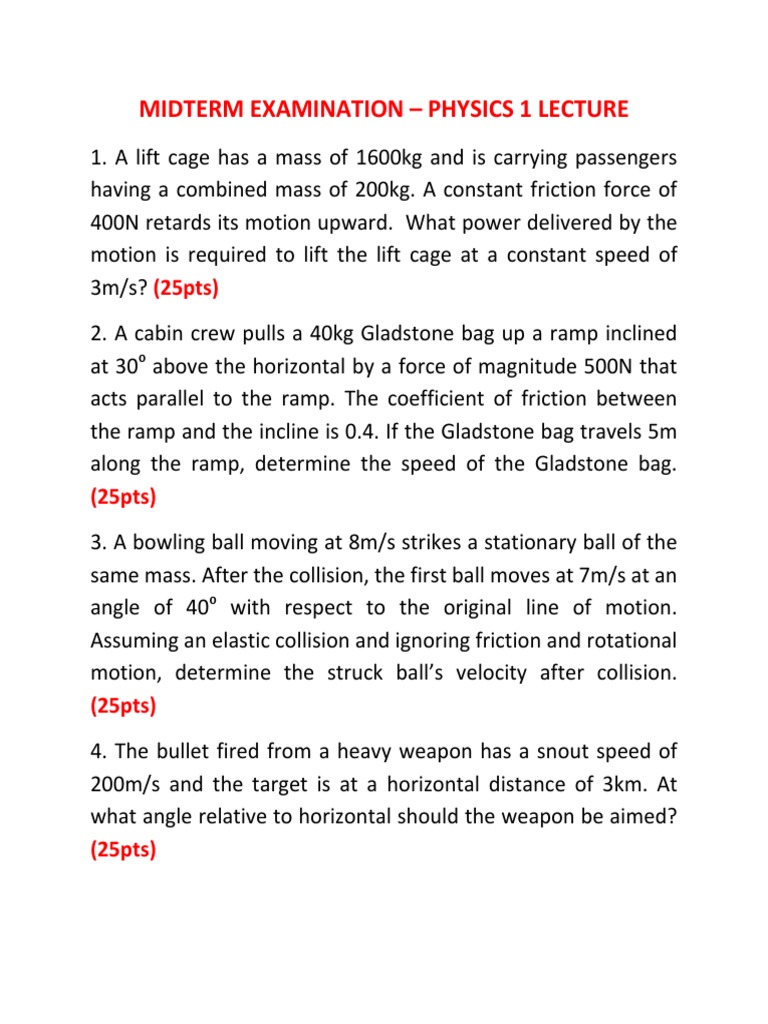 Physics 1 Midterm Exam Questions | PDF | Science & Mathematics