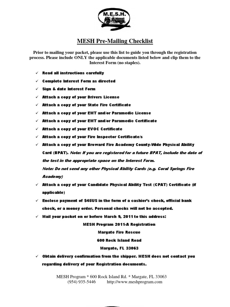 MESH Program Registration Checklist | PDF | Emergency Medical ...