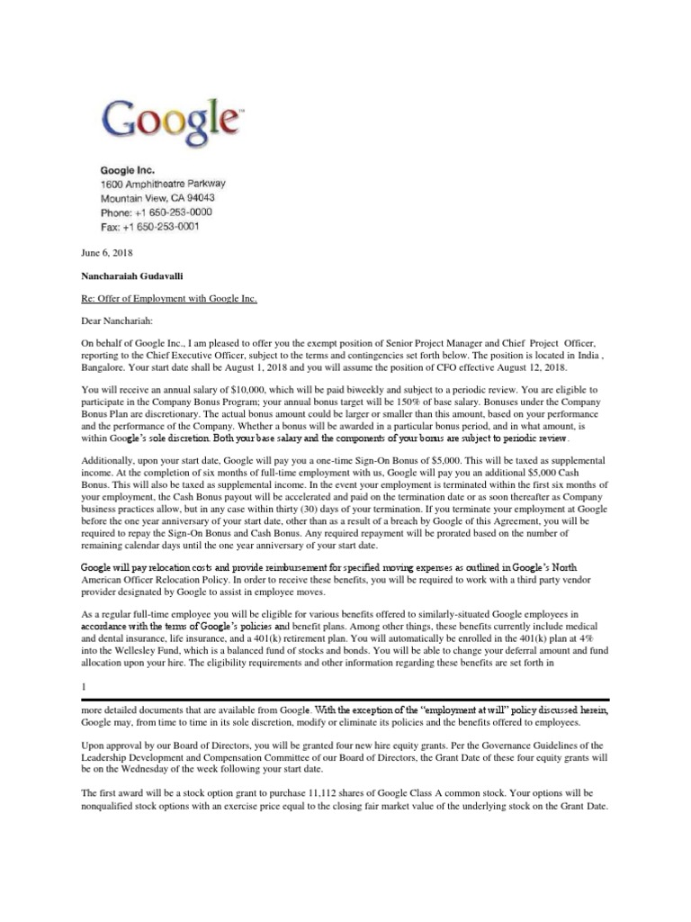 Google Letter Offer Nancharaiah PDF 401(K) Employment