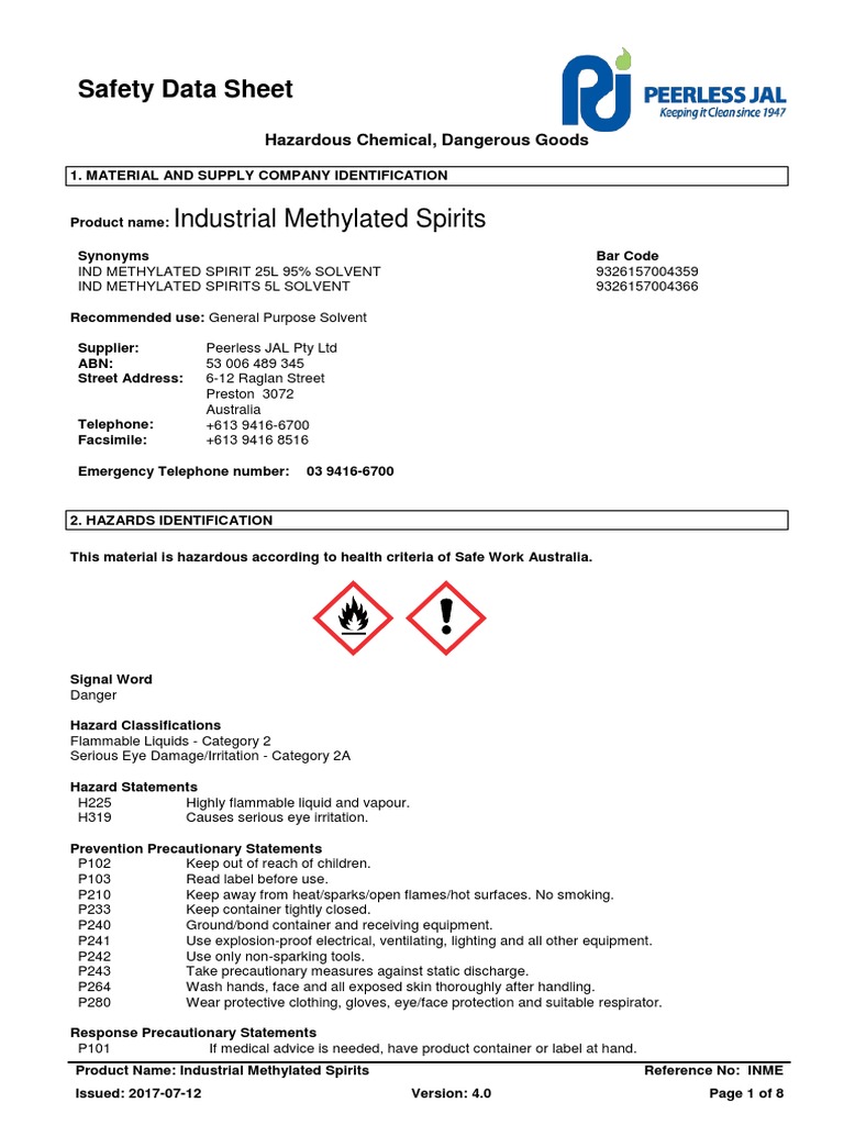 Industrial Methylated Spirits: Safety Data Sheet | PDF | Dangerous ...