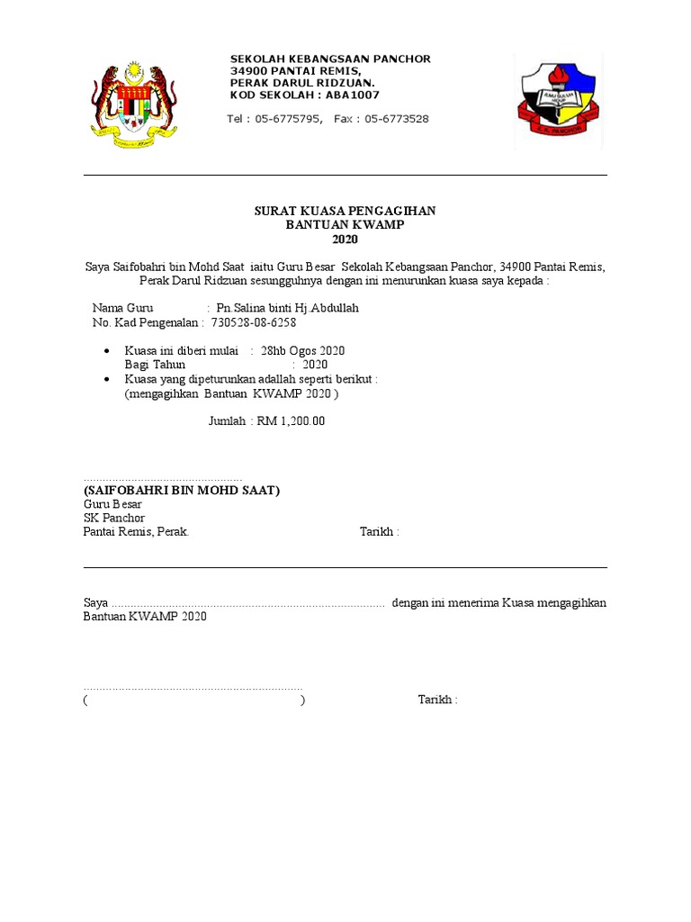 Surat Kuasa Menerima Dan Agih Bantuan Kwamp 2020 Salina Pdf