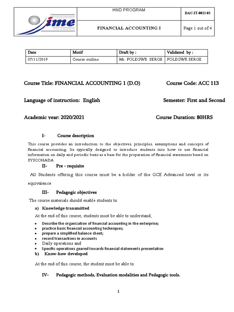 Financial Accounting I Course Outline | PDF | Pedagogy | Financial ...