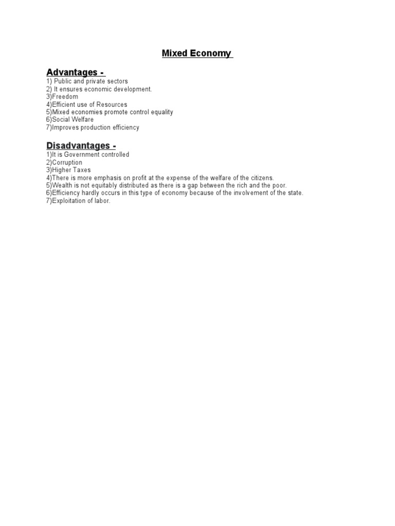 Mixed Economy Advantages - : Disadvantages | PDF
