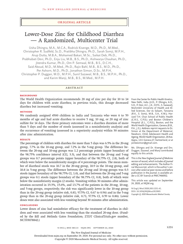 LowerDose Zinc For Childhood Diarrhea A Randomized, Multicenter