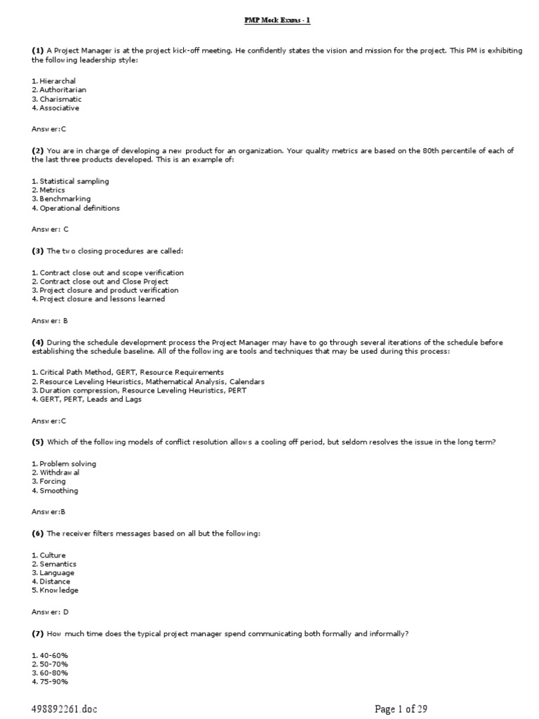 PMP Exam Practice Questions and Answers | PDF | Project Management | Risk