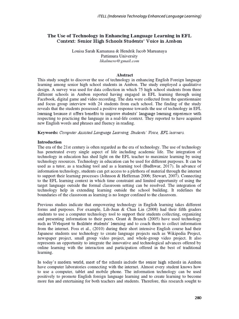 Technology in EFL Learning in Ambon | PDF | English As A Second Or ...