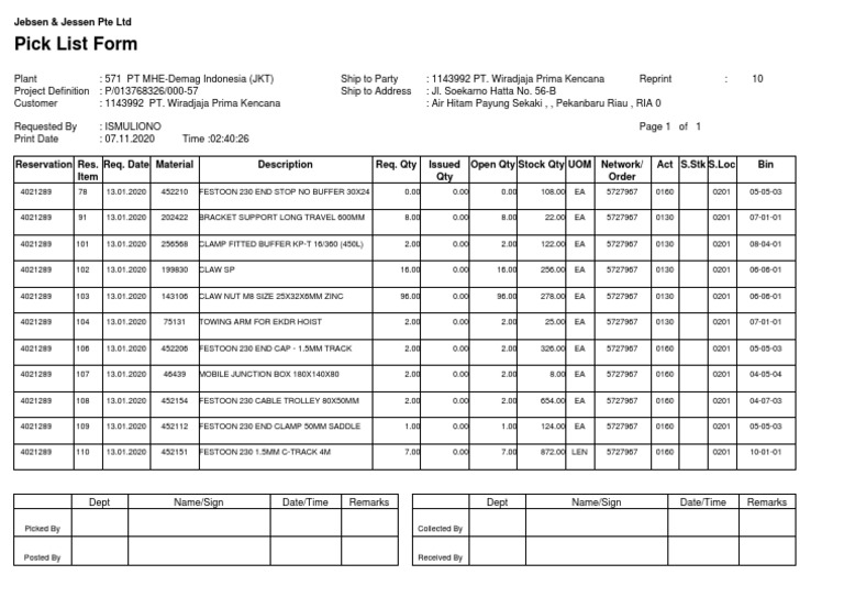 Jebsen & Jessen Pick List Form | PDF | Business
