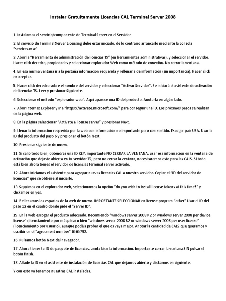 Instalar Gratuitamente Licencias CAL Terminal Server 2008 PDF