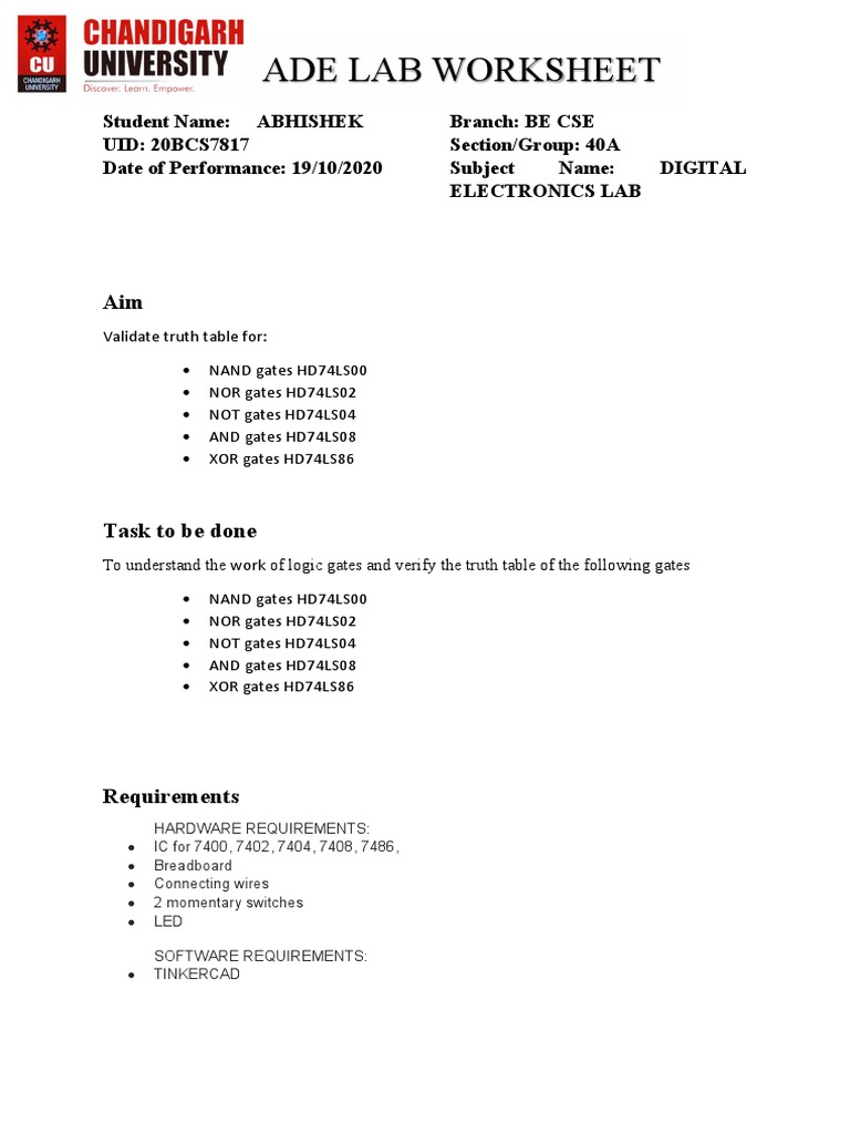 Digital Electronics Lab Worksheet | PDF | Logic Gate | Boolean Algebra